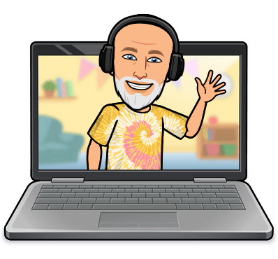 Cartoon Bitmoji of Dave Martin, a web designer from Bloomington, Indiana, waving from a laptop screen while wearing headphones and a tie-dye shirt.