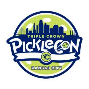 Logo for Triple Crown PickleCon in Kansas City featuring a skyline silhouette, a pickleball paddle and ball, and bold event branding in blue and lime green